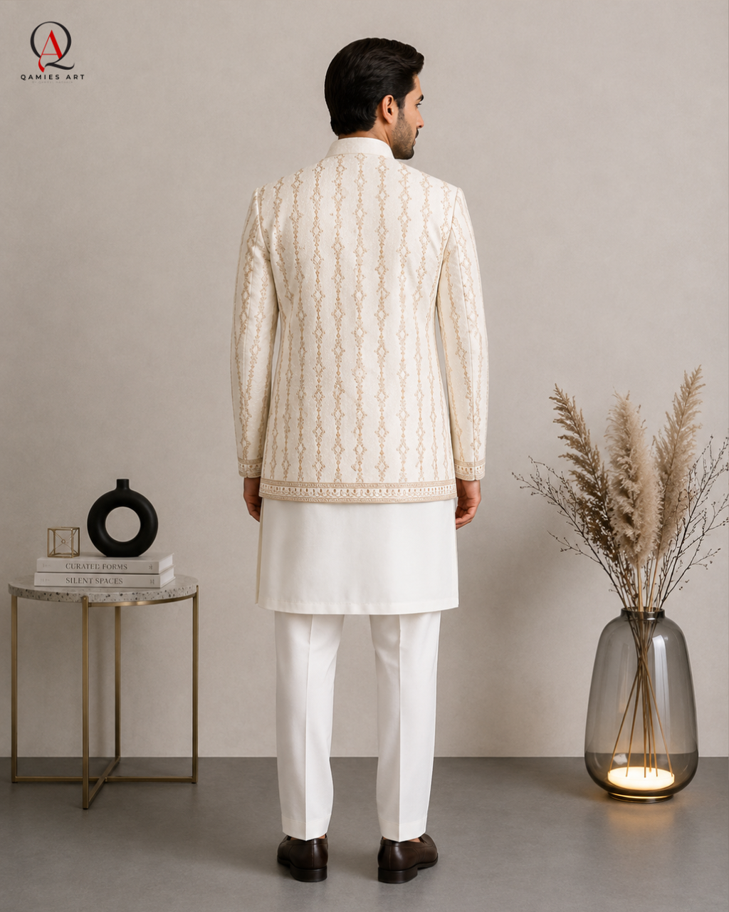 Qamies Art Designer Off-White Jamawar Prince Coat with Thread Embroidery