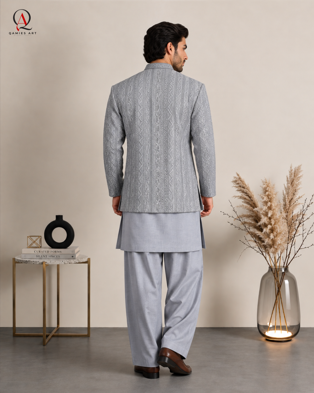 Steel Grey Prince Coat with Premium Kota Silk Suit | Qamies Art