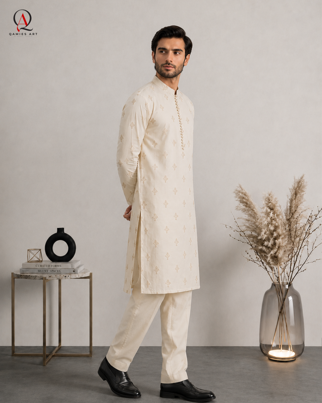 Premium Cotton Silk Embroidered Kurta Pajama with Motif Detailed Embroidery