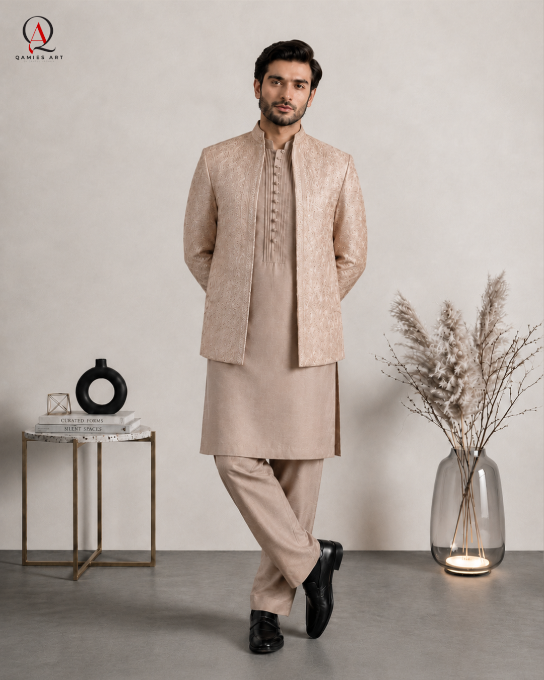 Lilac Embroidered Front-Open Prince Coat with Kurta Trouser