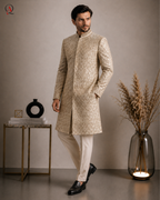 Qamies Art Beige Kora Dabka & Beaded Hand-Embroidered Sherwani