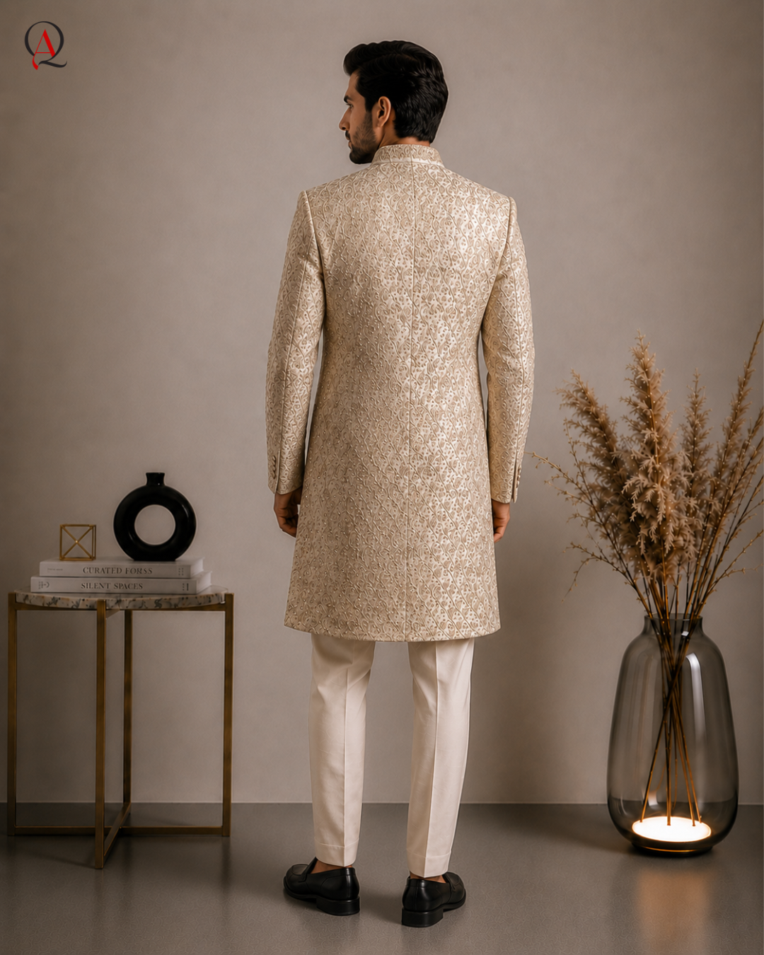 Qamies Art Beige Kora Dabka & Beaded Hand-Embroidered Sherwani