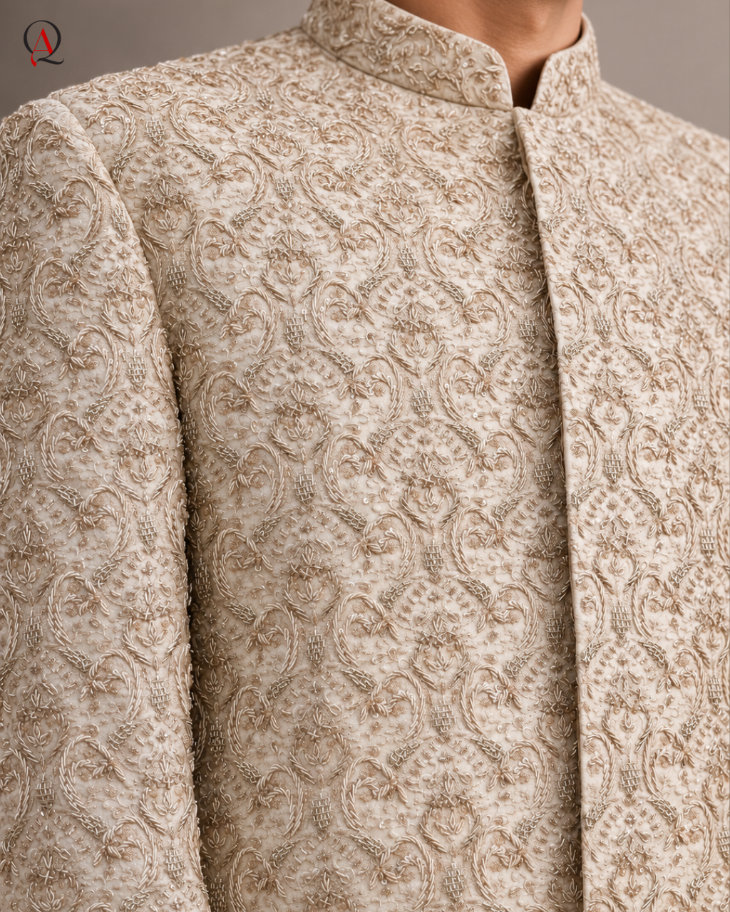 Qamies Art Beige Kora Dabka & Beaded Hand-Embroidered Sherwani