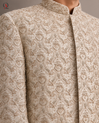 Qamies Art Beige Kora Dabka & Beaded Hand-Embroidered Sherwani
