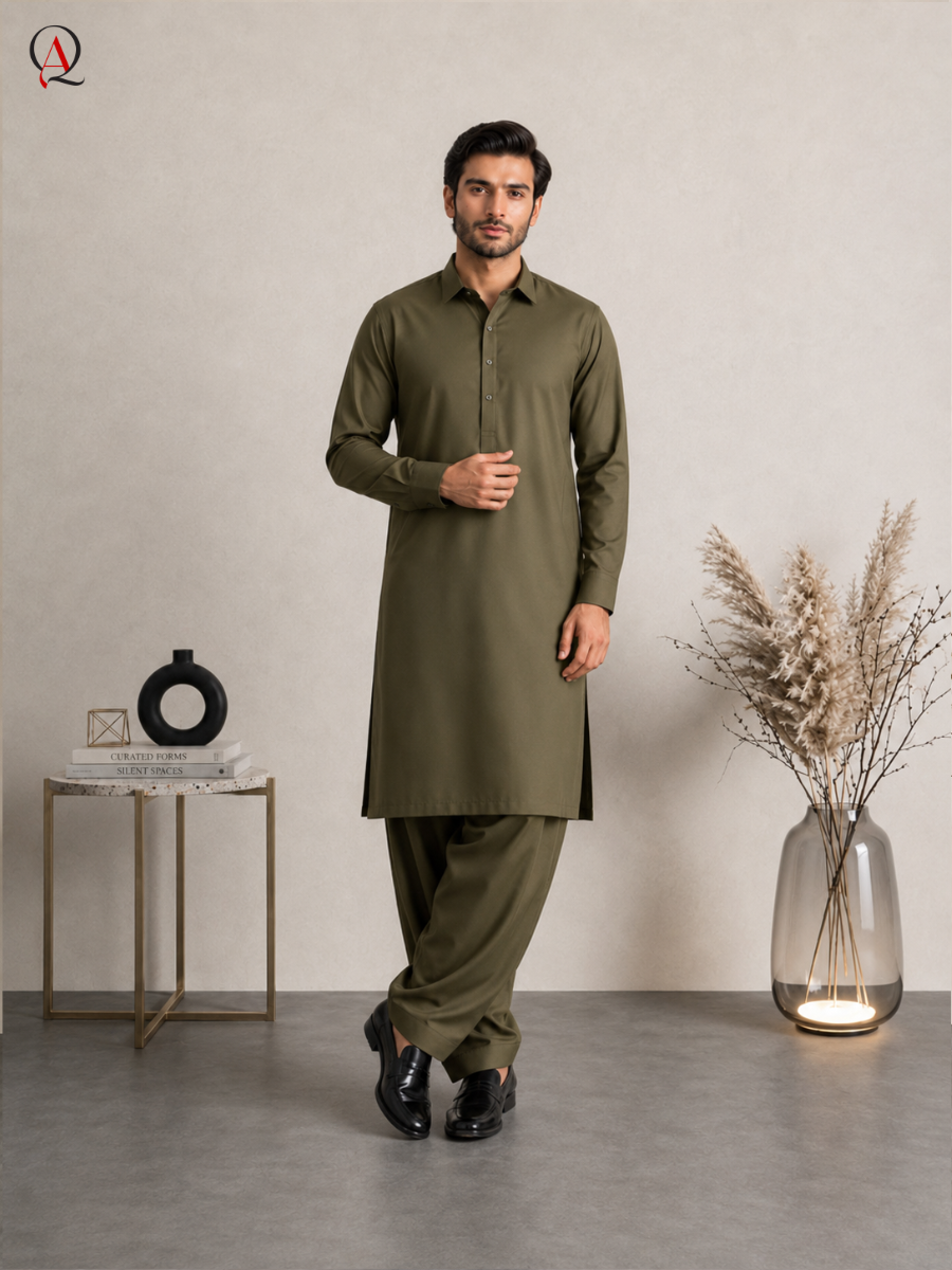 Qamies Art Olive Green Shalwar Kameez For Men