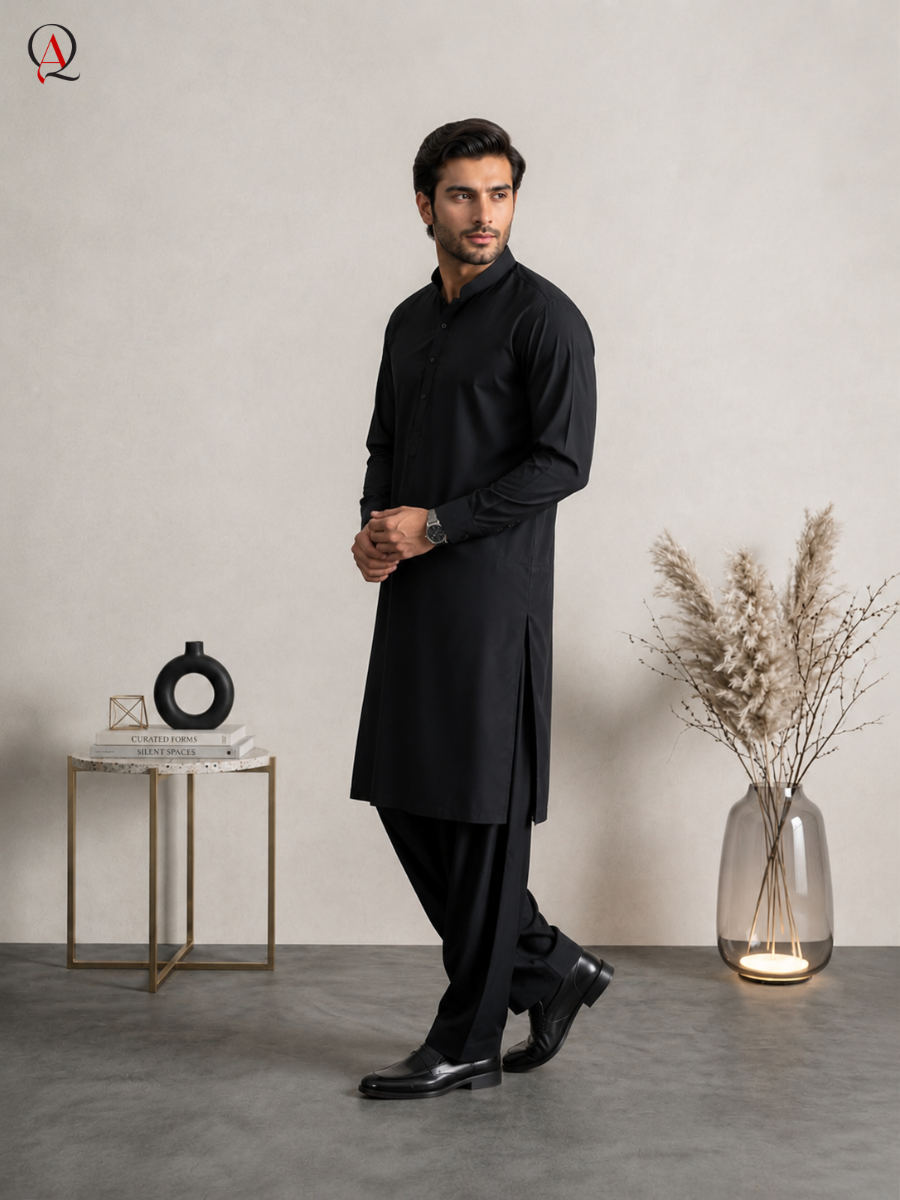 Qamies Art Black Shalwar Kameez For Men
