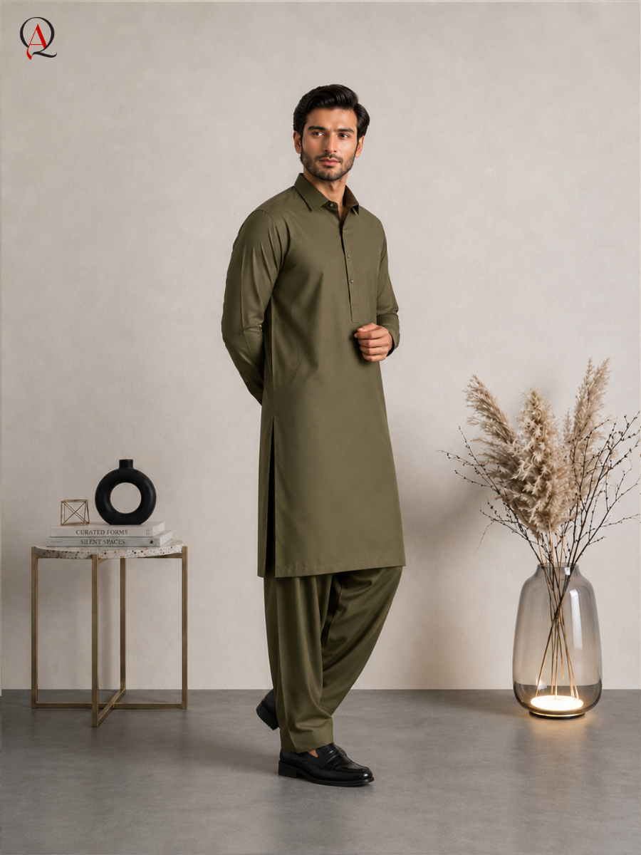Qamies Art Olive Green Shalwar Kameez For Men