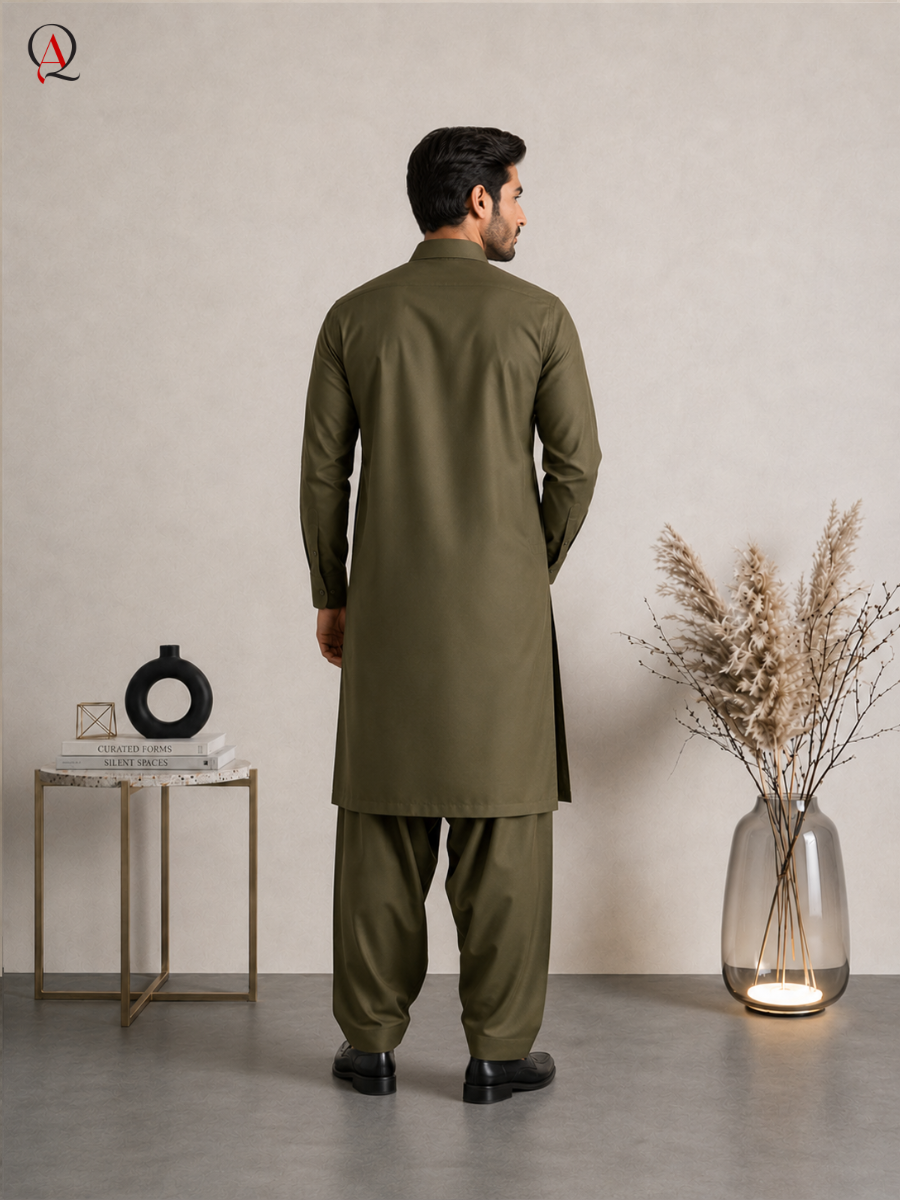 Qamies Art Olive Green Shalwar Kameez For Men