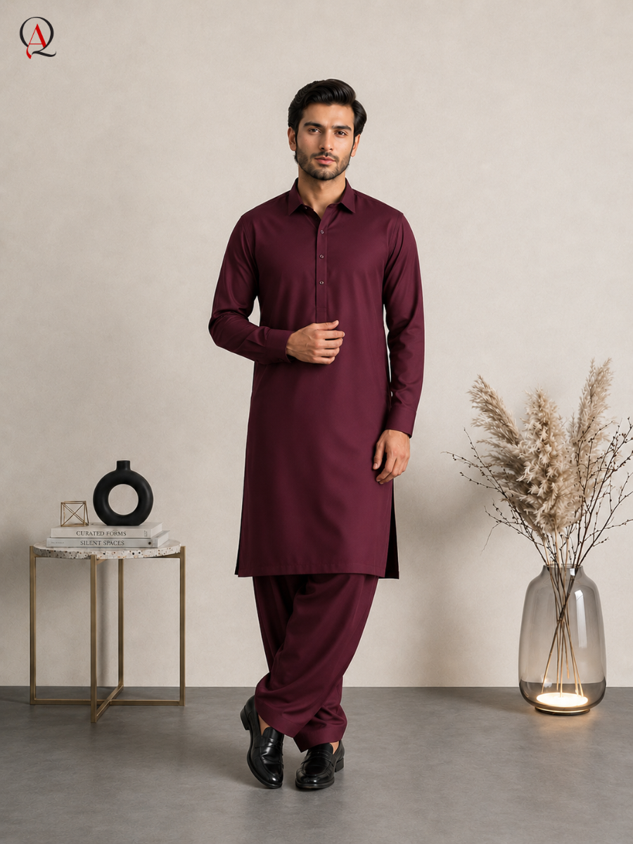 Qamies Art Burgundy Shalwar Kameez For Men