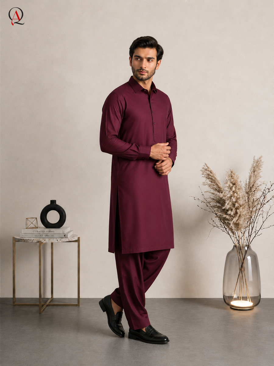 Qamies Art Burgundy Shalwar Kameez For Men