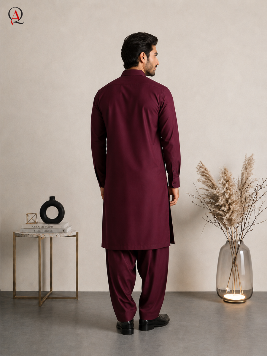 Qamies Art Burgundy Shalwar Kameez For Men