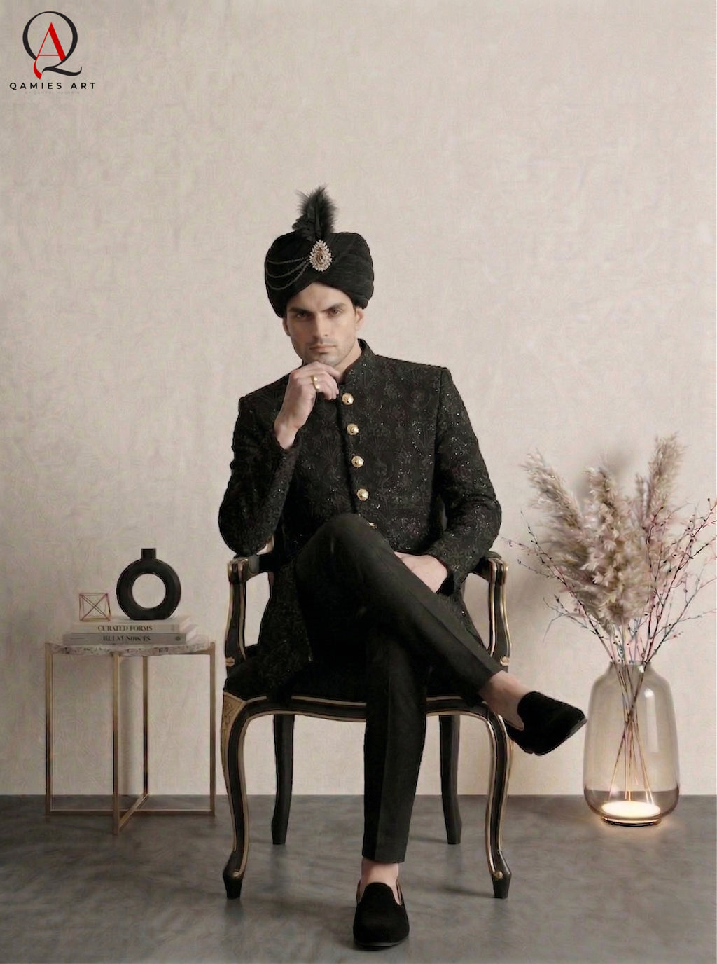 Black Embroidered Sherwani with Resham & Sequin Work | Premium Wedding Groom Sherwani with Inner Suit & Black Organza Turban