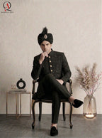 Black Embroidered Sherwani with Resham & Sequin Work | Premium Wedding Groom Sherwani with Inner Suit & Black Organza Turban
